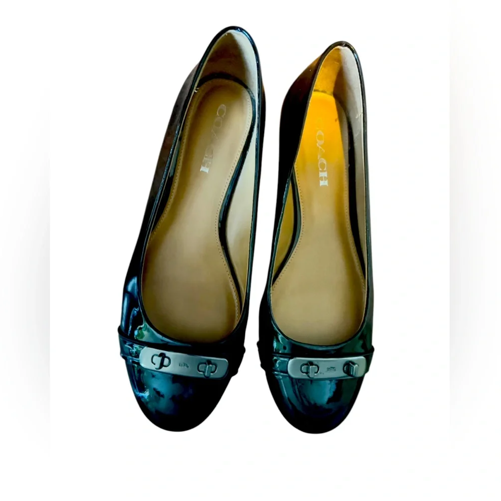 COACH Oswald Black Patent Leather Ballerina Flats with Metal Buckle Accent. - Picture 1 of 12